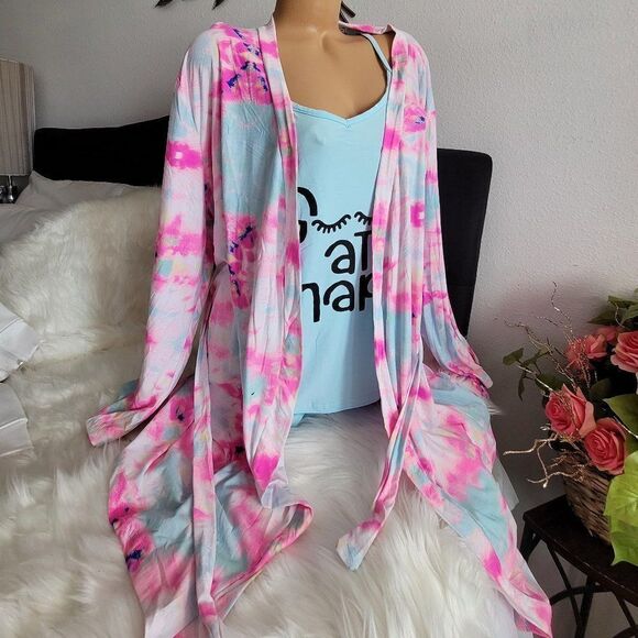 FRENCH AFFAIR 3 pc Pink-Blue pajama shorts, tank and robe Set NWT 909 - Picture 1 of 10